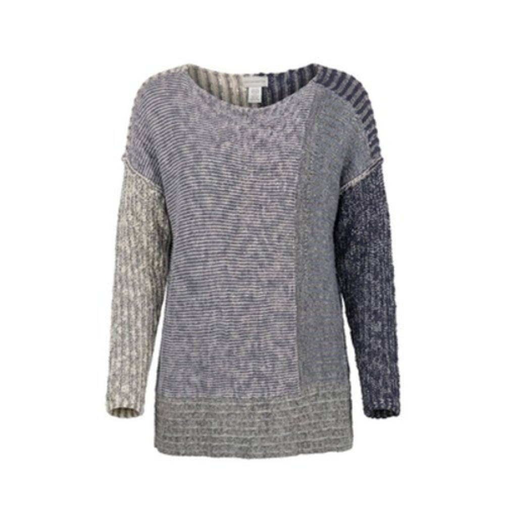Soft Surroundings Sweater Women L Blue Gray Stripe Patchwork Boho Knit Cozy Fall